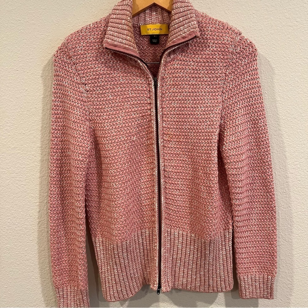 St. John pink and white knit double zipper front sweater jacket size small